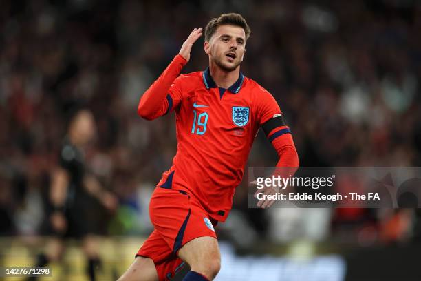 Mason Mount of England celebrates after scoring their team's second goal during the UEFA Nations League League A Group 3 match between England and...