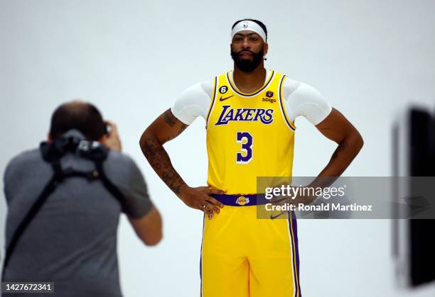 Anthony Davis of the Los Angeles Lakers poses for photos during Los Angeles Lakers media day at UCLA Health Training Center on September 26, 2022 in...