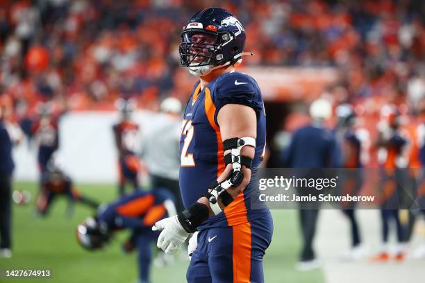 Garett Bolles of the Denver Broncos warms up for the second half against the San Francisco 49ers at Empower Field At Mile High on September 25, 2022...