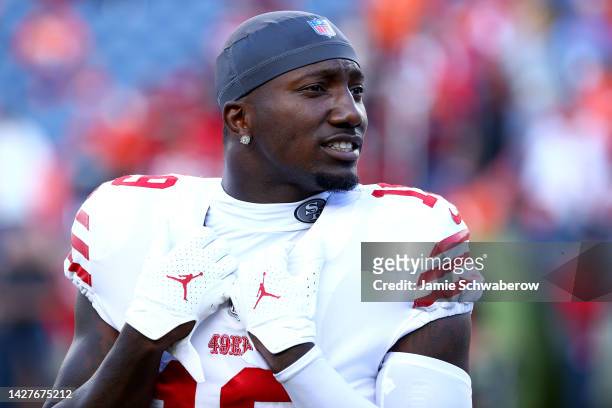Deebo Samuel of the San Francisco 49ers warms up against the Denver Broncos at Empower Field At Mile High on September 25, 2022 in Denver, Colorado.