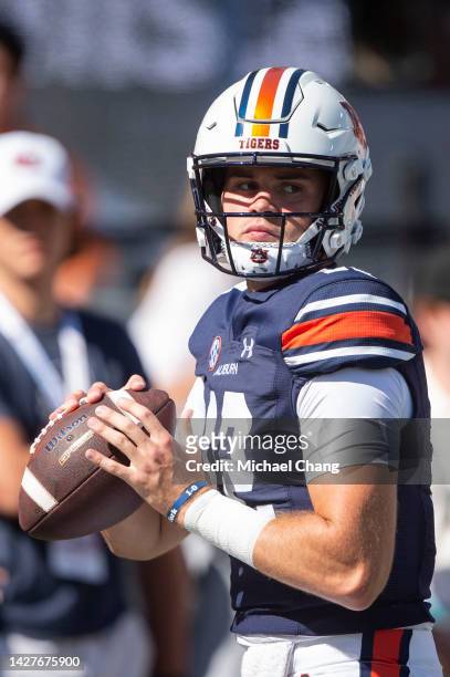 Quarterback Holden Geriner of the Auburn Tigers prior to their game against the Missouri Tigers at Jordan-Hare Stadium on September 24, 2022 in...
