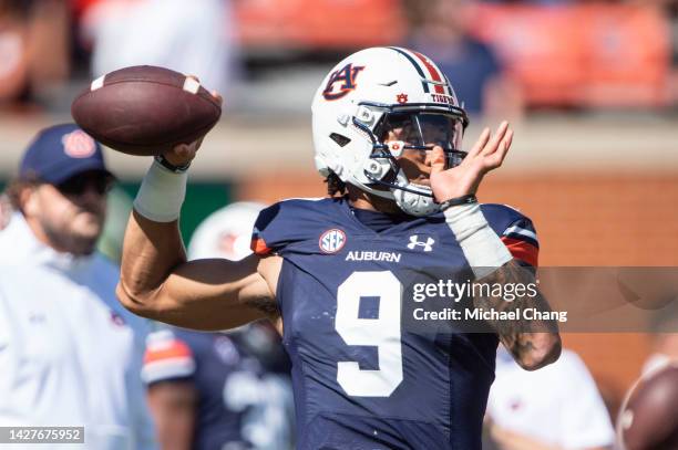 Quarterback Robby Ashford of the Auburn Tigers prior to their game against the Missouri Tigers at Jordan-Hare Stadium on September 24, 2022 in...