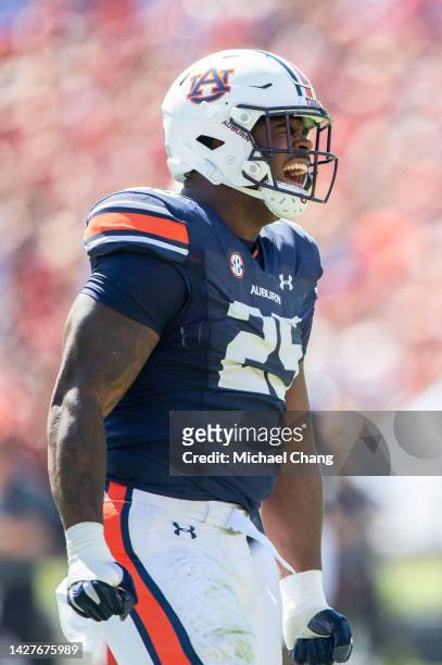 Defensive end Colby Wooden of the Auburn Tigers celebrates after a big play during their game against the Missouri Tigers at Jordan-Hare Stadium on...