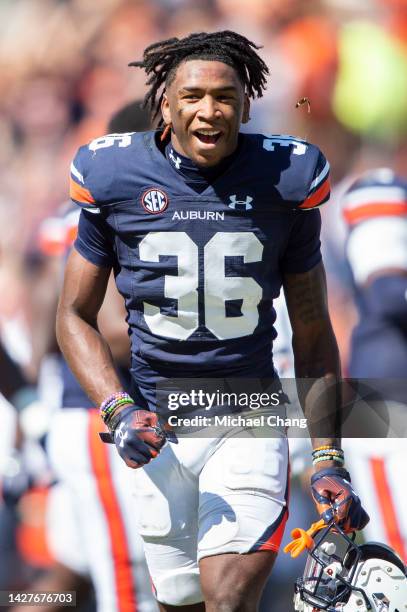 Cornerback Jaylin Simpson of the Auburn Tigers celebrates after defeating the Missouri Tigers at Jordan-Hare Stadium on September 24, 2022 in Auburn,...