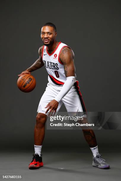 Damian Lillard of the Portland Trail Blazers poses for a portrait during Blazers Media Day at Veterans Memorial Coliseum on September 26, 2022 in...