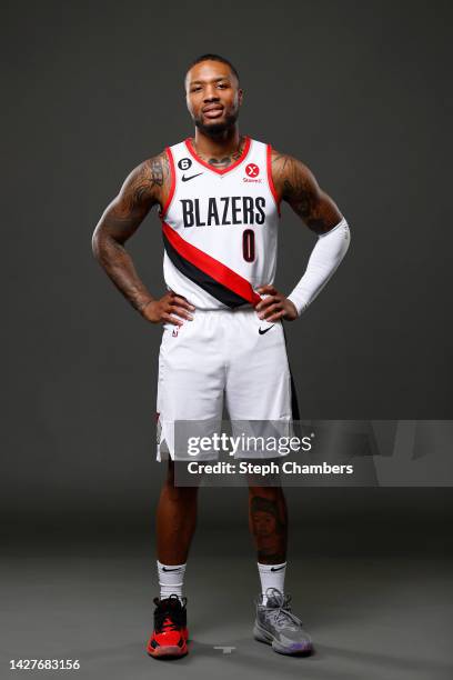 Damian Lillard of the Portland Trail Blazers poses for a portrait during Blazers Media Day at Veterans Memorial Coliseum on September 26, 2022 in...