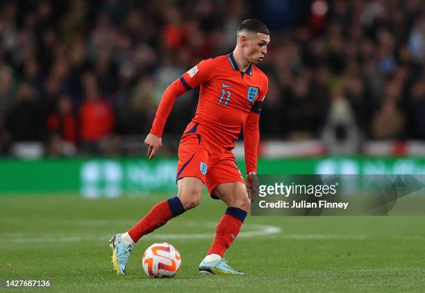 Phil Foden of England in action during the UEFA Nations League League A Group 3 match between England and Germany at Wembley Stadium on September 26,...