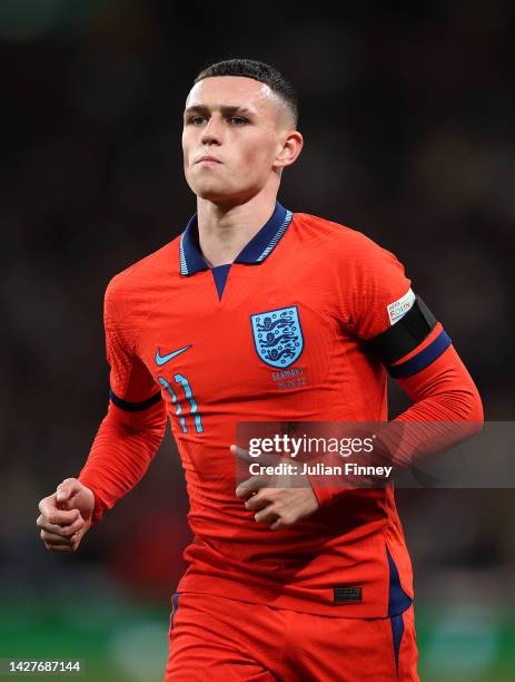 Phil Foden of England in action during the UEFA Nations League League A Group 3 match between England and Germany at Wembley Stadium on September 26,...