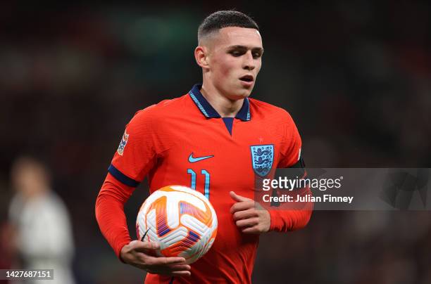 Phil Foden of England in action during the UEFA Nations League League A Group 3 match between England and Germany at Wembley Stadium on September 26,...