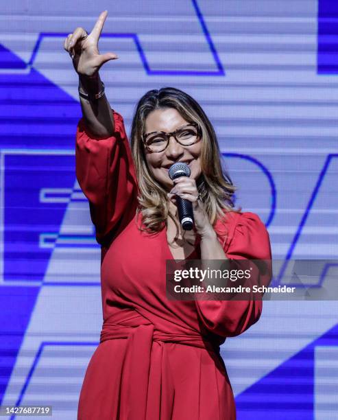 Rosangela da Silva, wife of former President of Brazil and current presidential candidate Luiz Inacio Lula da Silva speaks to supporters during a...