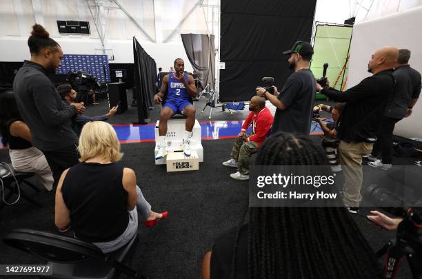 Kawhi Leonard of the LA Clippers speaks to the press during LA Clippers media day at Honey Training Center on September 26, 2022 in Playa Vista,...