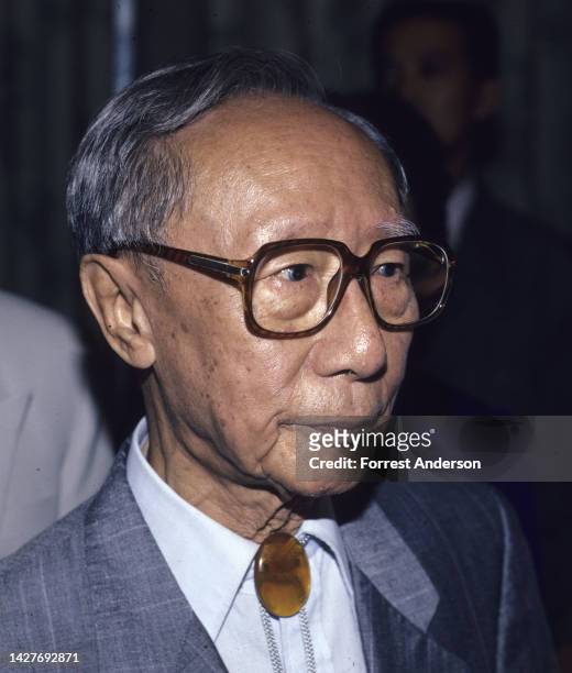 Close-up of Chinese royal Bu Jie during a press conference, Beijing, China, 1992. Pujie was the younger brother of China's last emperor, Puyi.