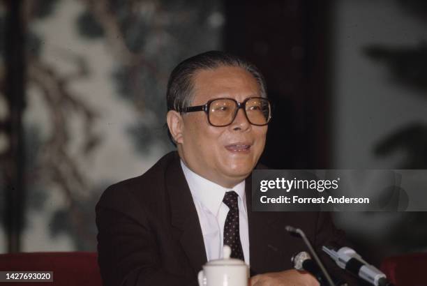 Chinese politician & General Secretary of the Chinese Communist Party Jiang Zemin speaks at a press conference in the Great Hall of the People,...