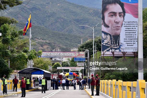 Cargo truck adorned with Venezuelan flags and balloons stands by to cross the Simon Bolivar International Bridge from San Antonio del Tachira in...