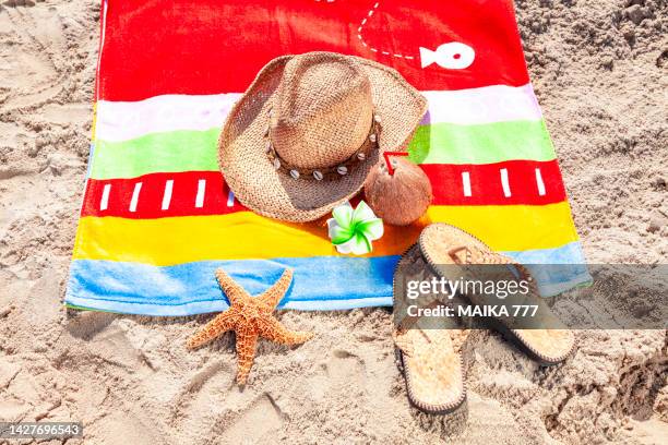 high angle view of beach towel, starfish, beach hat, fresh coconut juice with drink umbrella, tiare flower and flip flops - kaurischnecke stock-fotos und bilder