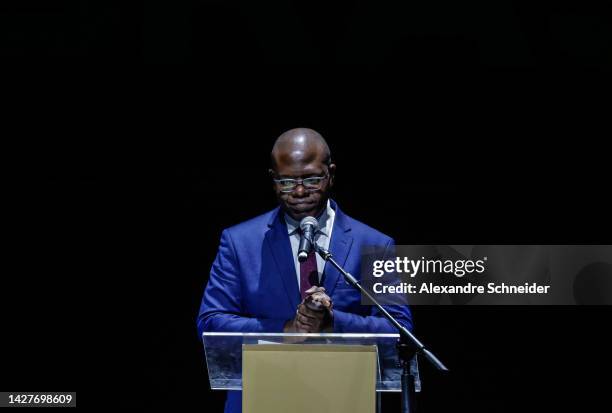 Philosopher Silvio Almeida speaks to supporters during a gathering with artists, politicians and other personalities one week before the presidential...