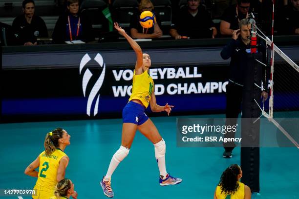 Gabriela Braga Guimaraes of Brazil spikes the ball during the Pool D Phase 1 match between Brazil and Argentina on Day 4 of the FIVB Volleyball...