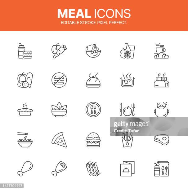 line-icon-mahlzeiten. essenssymbol-set. kuchen, restaurant, huhn, getränk, burger und mehr symbolsammlung - steak stock-grafiken, -clipart, -cartoons und -symbole