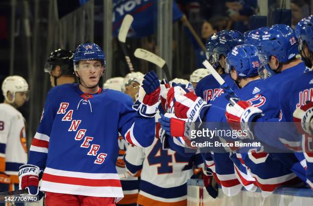 Jimmy Vesey of the New York Rangers celebrates his first period goal against the New York Islanders at Madison Square Garden on September 26, 2022 in...
