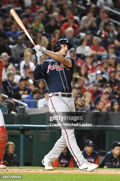 Matt Olson of the Atlanta Braves hits a two-run home run in the fourth inning against the Washington Nationals at Nationals Park on September 26,...