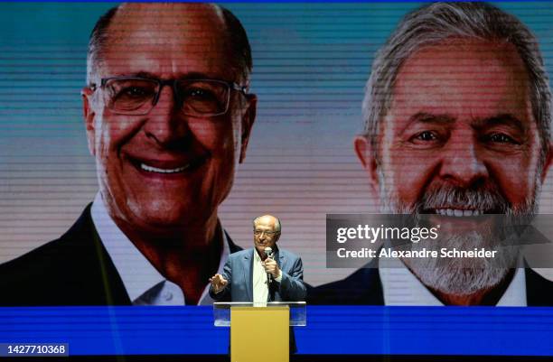 Current vice presidential candidate Geraldo Alckmin speaks to supporters during a gathering with artists, politicians and other personalities one...