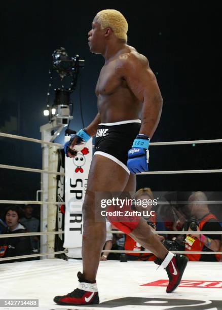 Kevin Randleman reacts after his knockout victory over Mirko Cro Cop inside Saitama Super Arena on April 25, 2004 in Saitama, Japan.