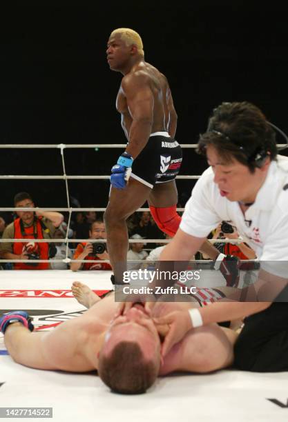Kevin Randleman reacts after his knockout victory over Mirko Cro Cop inside Saitama Super Arena on April 25, 2004 in Saitama, Japan.