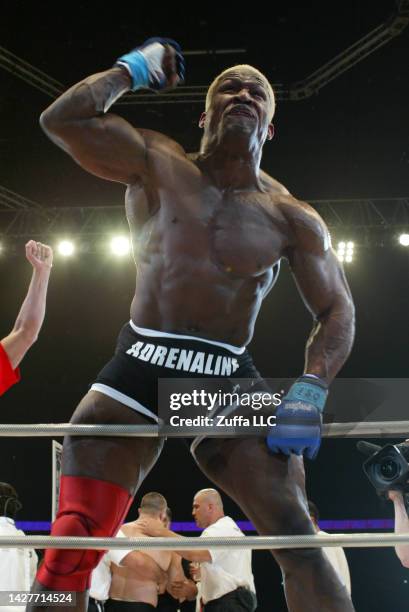 Kevin Randleman reacts after his knockout victory over Mirko Cro Cop inside Saitama Super Arena on April 25, 2004 in Saitama, Japan.