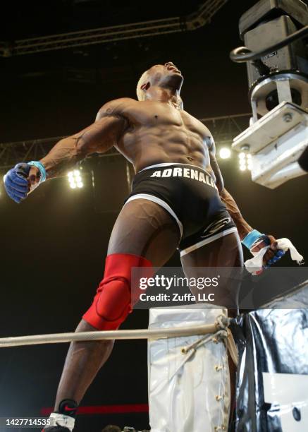 Kevin Randleman reacts after his knockout victory over Mirko Cro Cop inside Saitama Super Arena on April 25, 2004 in Saitama, Japan.