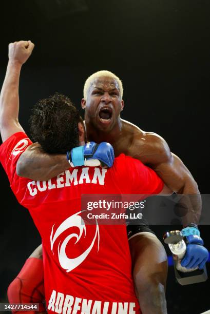 Kevin Randleman reacts after his knockout victory over Mirko Cro Cop inside Saitama Super Arena on April 25, 2004 in Saitama, Japan.