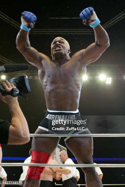 Kevin Randleman reacts after his knockout victory over Mirko Cro Cop inside Saitama Super Arena on April 25, 2004 in Saitama, Japan.