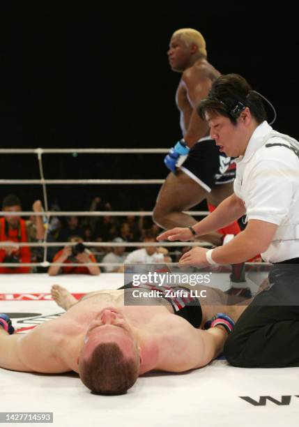 Kevin Randleman reacts after his knockout victory over Mirko Cro Cop inside Saitama Super Arena on April 25, 2004 in Saitama, Japan.