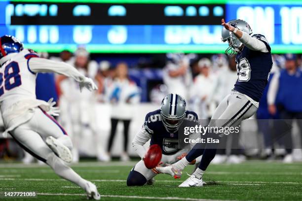 Brett Maher of the Dallas Cowboys kicks a field goal New York Giants during the second quarter in the game at MetLife Stadium on September 26, 2022...