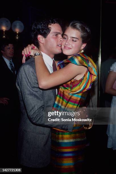 American actors Martin Hewitt and Brooke Shields embrace as they attend the premiere party for the film 'Endless Love' at Hisae Restaurant, New York,...