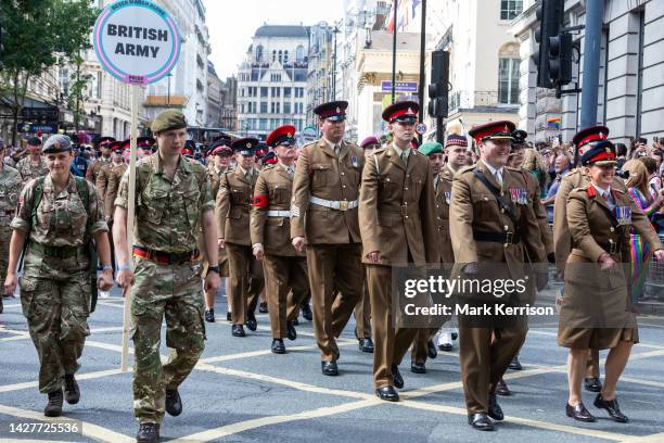 Representatives of the British Army take part in the Pride in London parade on 1 July 2023 in London, United Kingdom. Over a million people watched...