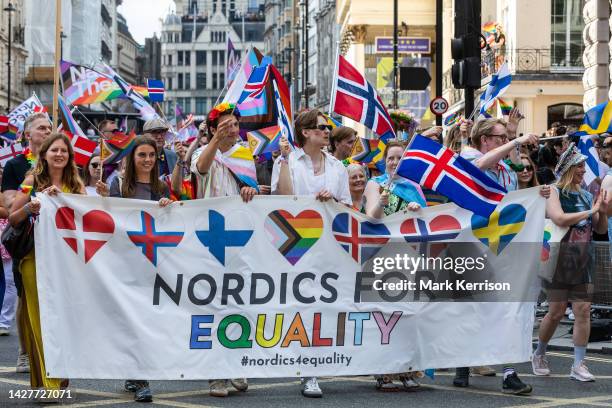 Representatives of Nordic embassies in the UK take part in the Pride in London parade on 1 July 2023 in London, United Kingdom. Over a million people...