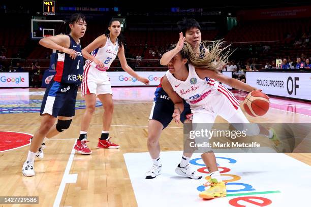 Arella Guirantes of Puerto Rico drives at the basket during the 2022 FIBA Women's Basketball World Cup Group A match between Puerto Rico and Korea at...