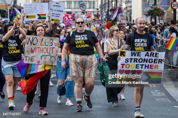 Representatives of the International Rescue Committee take part in the Pride in London parade on 1 July 2023 in London, United Kingdom. Over a...