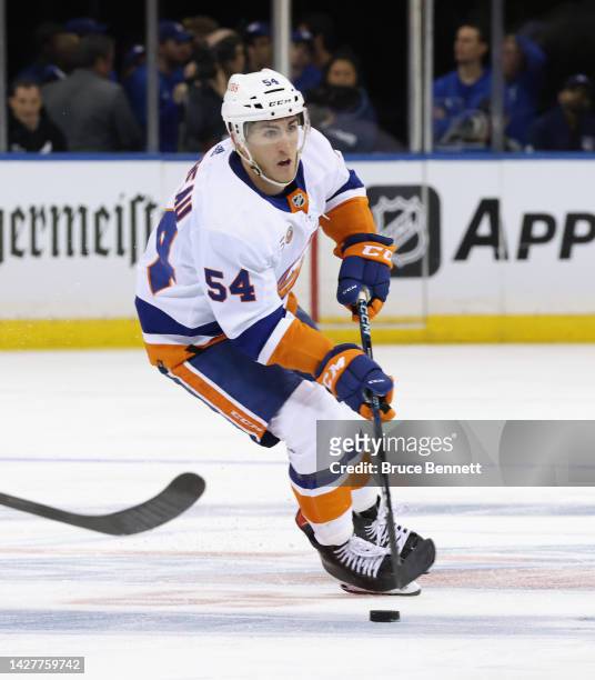 Cole Bardreau of the New York Islanders skates against the New York Rangers at Madison Square Garden on September 26, 2022 in New York City. The...