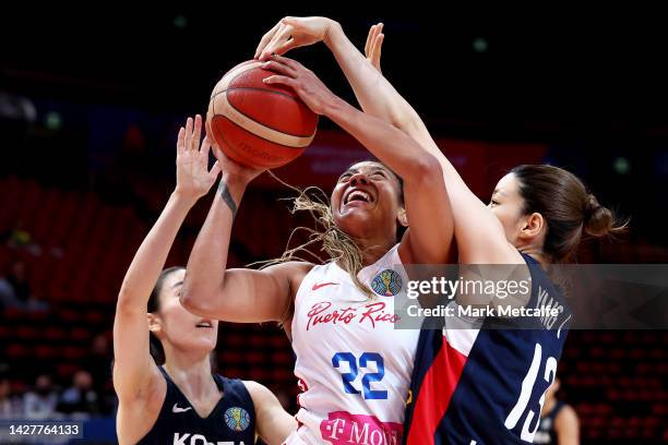 Arella Guirantes of Puerto Rico drives at the basket during the 2022 FIBA Women's Basketball World Cup Group A match between Puerto Rico and Korea at...
