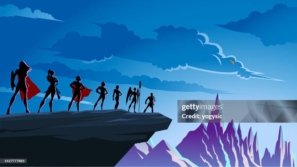 Vektor Alle weiblichen Superhelden Silhouette auf einer Klippe mit Bergkette Hintergrund Stock Illustration
