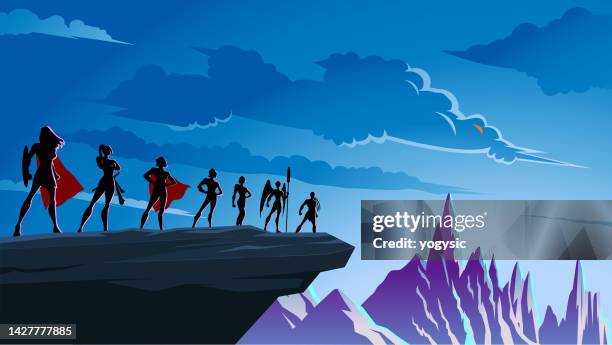 stockillustraties, clipart, cartoons en iconen met vector all female superhero silhouette on a cliff with mountain range background stock illustration - heldin