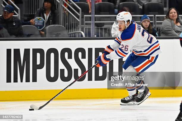 Mattias Janmark of the Edmonton Oilers skates during the first period against the Seattle Kraken at Climate Pledge Arena on September 26, 2022 in...