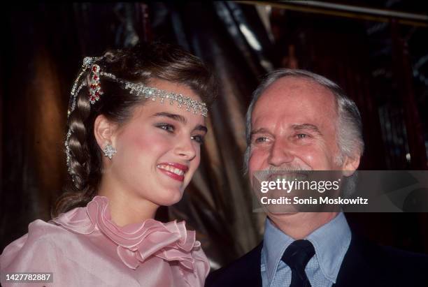 Portrait of American actor & model Brooke Shields and an unidentified man as they attend a Wella luncheon at Regine's, New York, New York, May 6,...