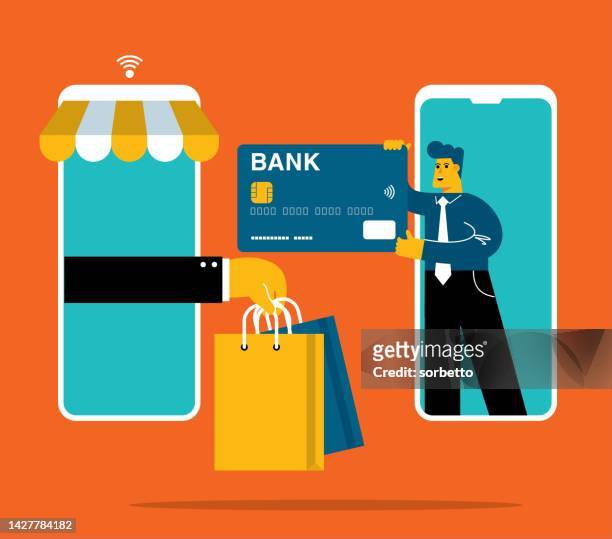 ilustraciones, imágenes clip art, dibujos animados e iconos de stock de compras en línea - tarjeta de crédito - debit cards credit cards accepted