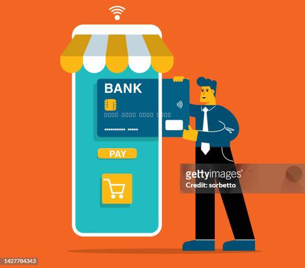 ilustraciones, imágenes clip art, dibujos animados e iconos de stock de compras en línea - tarjeta de crédito - debit cards credit cards accepted
