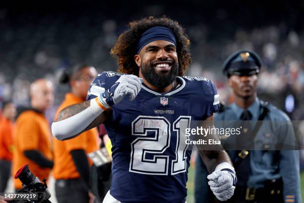 Ezekiel Elliott of the Dallas Cowboys celebrates after defeating the New York Giants in the game at MetLife Stadium on September 26, 2022 in East...