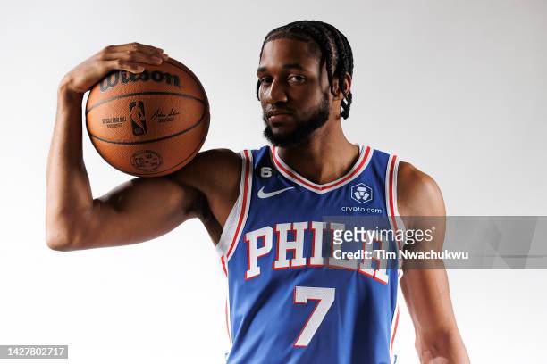 Isaiah Joe of the Philadelphia 76ers poses at 76ers Training Complex on September 26, 2022 in Camden, New Jersey. NOTE TO USER: User expressly...