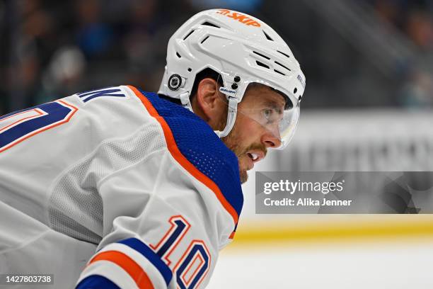 Derek Ryan of the Edmonton Oilers looks on during the second period against the Seattle Kraken at Climate Pledge Arena on September 26, 2022 in...