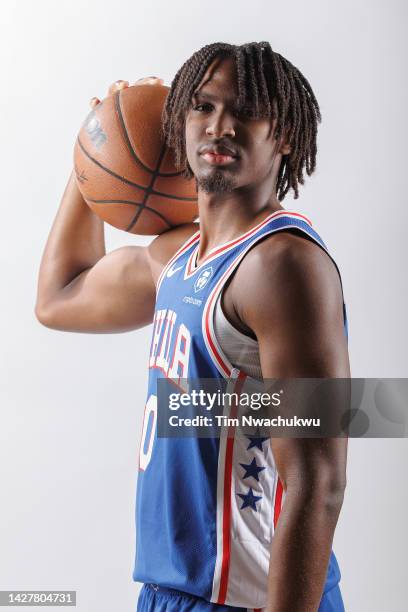 Tyrese Maxey of the Philadelphia 76ers poses at 76ers Training Complex on September 26, 2022 in Camden, New Jersey. NOTE TO USER: User expressly...